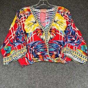 Flying Tomato Tropical Floral Print Blouse Top, V Neck Vibrant, Colorful - Small